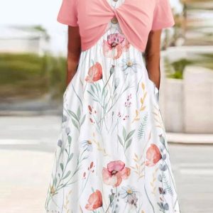 Loose Casual Knitted Split Joint Floral Dress, Dresses, color:Pink|size:XXL, JustFashionNow