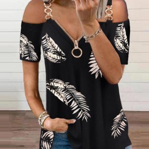 Regular Fit Off The Shoulder Leaves Short Sleeve T-shirt, T-Shirts, color:Black|size:XXL, JustFashionNow