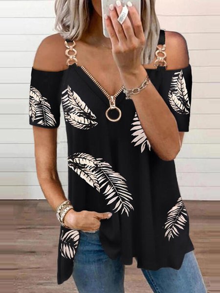 Regular Fit Off The Shoulder Leaves Short Sleeve T-shirt, T-Shirts, color:Black|size:XXL, JustFashionNow