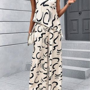Simple Abstract Graphic Two-Piece Set, Suit Set, color:Off White|size:XXL, JustFashionNow