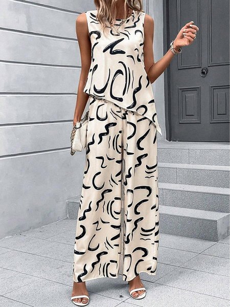 Women's Abstract Graphic Daily Going Out Two Piece Set Sleeveless Simple Summer Top With Pants Matching Set, JustFashionNow Suit Set, color:Off White|size:XXL,