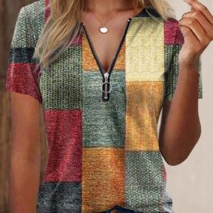 Casual Zipper Loose V Neck T-Shirt, T-Shirts, color:Red|size:XXL, JustFashionNow