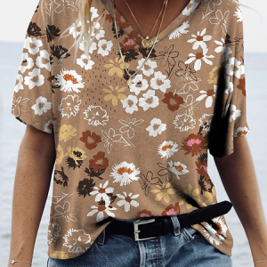 JFN V Neck Floral Casual Short sleeve T-Shirt/Tee, T-Shirts, color:Khaki|size:3XL, JustFashionNow