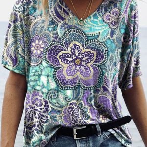 Casual Short Sleeve V Neck Cotton-Blend Tops, Shirts & Blouses, color:Blue|size:3XL, JustFashionNow