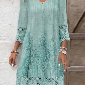 V Neck Casual Jersey Lace Edge Dress, Dresses, color:Green|size:XXL, JustFashionNow