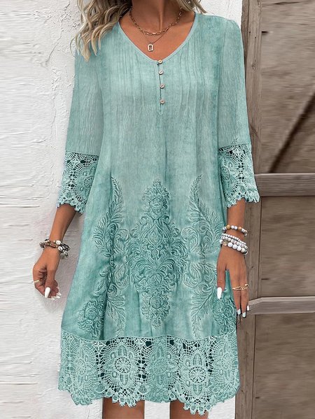 V Neck Casual Jersey Lace Edge Dress, Dresses, color:Green|size:XXL, JustFashionNow