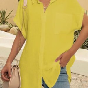 Women Solid Shift Short Sleeve Pocket Shirt, Blouses & Shirts, Roselinlin - Online Catalog