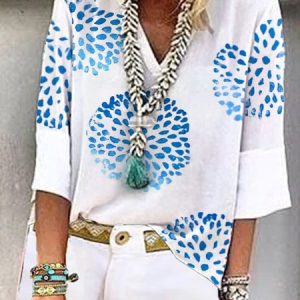 Blue Geometric Printed V-neck Three Quarter Sleeve Casual Top, Blouses & Shirts, Roselinlin - Online Catalog