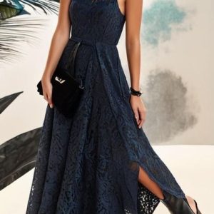 Crew Neck Elegant Plain Loose Dress, Dresses, color:Dark Blue|size:XXL, JustFashionNow