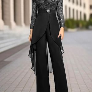 Loose Elegant Crew Neck Plain Two-Piece Set, Suit Set, color:Black|size:XXL, JustFashionNow
