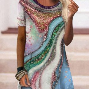 JFN Round Neck Abstract Geometric Tunic Tops, T-Shirts, color:Multicolor|size:XXL, JustFashionNow