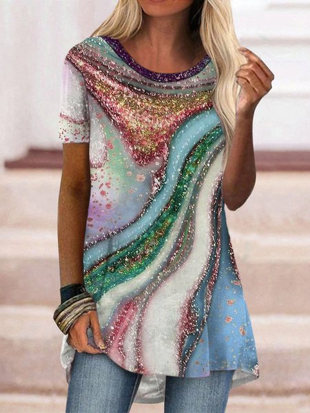 JFN Round Neck Abstract Geometric Tunic Tops, T-Shirts, color:Multicolor|size:XXL, JustFashionNow