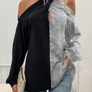 Long sleeve hanging neck off shoulder plain color stitching shiny gorgeous fabric party top Plus Size Gliter Sequins, Shirts & Blouses, color:Black-silver|size:3XL, JustFashionNow