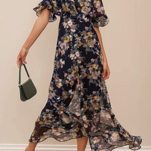 Crew Neck Floral Elegant Dress With No, Dresses, color:Multicolor|size:XXL, JustFashionNow