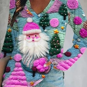 3D Digital Print V Neck Loose Casual Christmas T-Shirt, T-Shirts, color:Purple|size:XXL, JustFashionNow