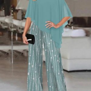 Polka Dots Elegant Chiffon Two-Piece Set Top with Pants, Suit Set, color:Blue|size:XXL, JustFashionNow