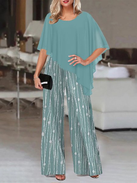 Polka Dots Elegant Chiffon Two-Piece Set Top with Pants, Suit Set, color:Blue|size:XXL, JustFashionNow