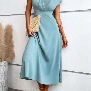 Elegant Regular Fit Plain V Neck Dress, Dresses, color:Cyan|size:XXL, JustFashionNow