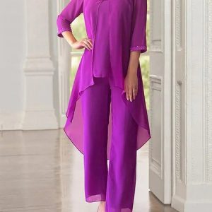 Elegant Chiffon Crew Neck Loose Two-Piece Set, Suit Set, color:Purple|size:XXL, JustFashionNow