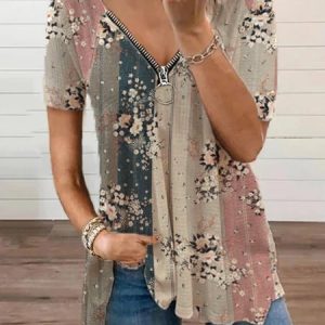 JFN V Neck Raglan Sleeve Zipper Floral Loosen Casual Top, JustFashionNow T-Shirts, color:Multicolor|size:XXL,