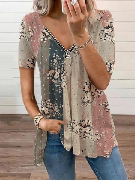 JFN V Neck Raglan Sleeve Zipper Floral Loosen Casual Top, JustFashionNow T-Shirts, color:Multicolor|size:XXL,