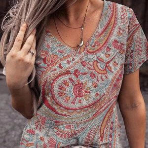 V Neck Paisley T-Shirt, T-Shirts, color:Multicolor|size:XXL, JustFashionNow