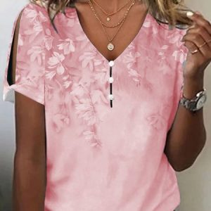 Casual Loose V Neck Floral T-Shirt, T-Shirts, color:Pink|size:XXL, JustFashionNow