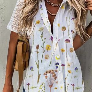 Loose Floral Cotton Blends Short Sleeve Blouse, Blouses & Shirts, Roselinlin - Online Catalog