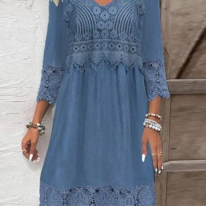 Casual Loose Cotton-Blend Plain Dress, Dresses, color:Blue|size:XXL, JustFashionNow