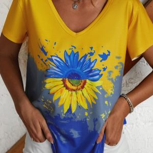 Sunflower Casual Ombre V Neck Short Sleeve T-Shirt, T-Shirts, color:Yellow|size:XXL, JustFashionNow