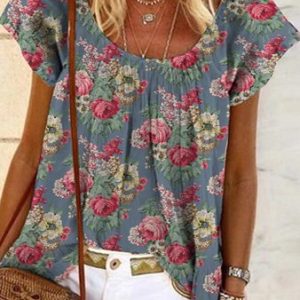 JFN Round Neck Floral Vacation Blouse, Shirts & Blouses, color:Multicolor|size:XXL, JustFashionNow