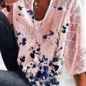 Floral-Print 3/4 Sleeve Casual Cotton-Blend Top, Blouses & Shirts, Roselinlin - Online Catalog