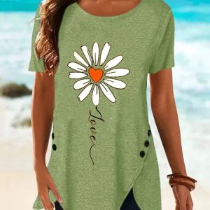 JFN Round Neck Floral Tulip Hem Vacation Tunic Tops, Shirts & Blouses, color:Green|size:XXL, JustFashionNow
