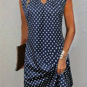 Elegant Polka Dots V Neck Loose Dress, Dresses, color:Blue|size:XXL, JustFashionNow