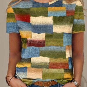 Multicolor Block Casual Loose Crew Neck T-Shirt, T-Shirts, color:Green|size:XXL, JustFashionNow