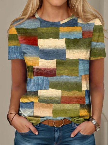 Multicolor Block Casual Loose Crew Neck T-Shirt, T-Shirts, color:Green|size:XXL, JustFashionNow