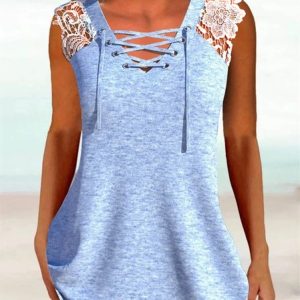 Casual V Neck Lace Loose Tank Top, Tanks & Camis, color:Blue|size:XXL, JustFashionNow