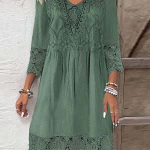 Lace Casual Loose Dress, Dresses, color:Green|size:XXL, JustFashionNow