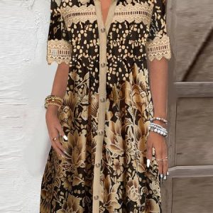 Buttoned Floral Elegant Dress, Dresses, color:Black|size:XXL, JustFashionNow