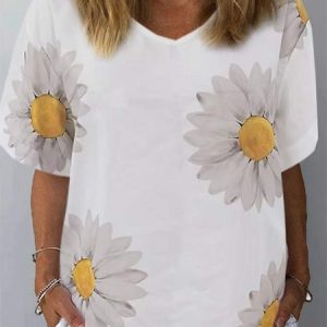 woman casual Printing Linen Sunflower V Neck T-Shirt, T-Shirts, color:White|size:XXL, JustFashionNow