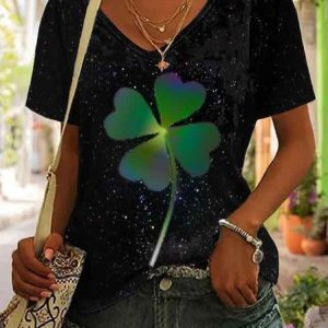 Casual Regular Fit V Neck Four-Leaf Clover T-Shirt, T-Shirts, color:Black|size:XXL, JustFashionNow