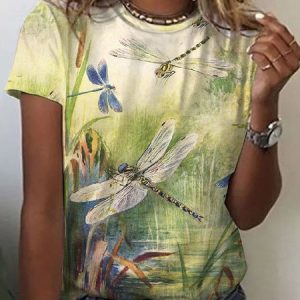 Summer Dragonfly Design Crew Neck Knit Short Sleeve T-Shirt, T-Shirts, color:Green|size:XXL, JustFashionNow