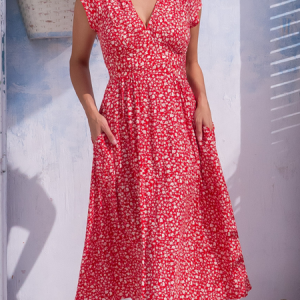 Small Floral V Neck Simple Dress, Dresses, color:Red|size:XXL, JustFashionNow
