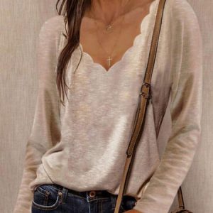 Long Sleeve V Neck Casual T-shirt, T-Shirts, color:Khaki|size:3XL, JustFashionNow