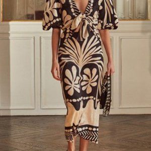 Vacation Floral Print V Neck Dress, Dresses, color:Black|size:XXL, JustFashionNow