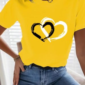 Casual Heart/Cordate Crew Neck T-Shirt, T-Shirts, color:Yellow|size:XXL, JustFashionNow