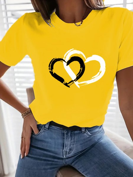 Casual Heart/Cordate Crew Neck T-Shirt, T-Shirts, color:Yellow|size:XXL, JustFashionNow