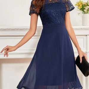 Glitter Regular Fit Crew Neck Elegant Dress, Dresses, color:Blue|size:XXL, JustFashionNow