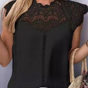 JFN Crew Neck Lace Patchwork Elegant Shirt, Shirts & Blouses, color:Black|size:XXL, JustFashionNow
