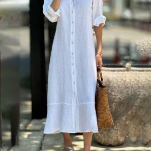 JFN Cotton & Linen Casual Plain Dress, Dresses, color:White|size:XXL, JustFashionNow